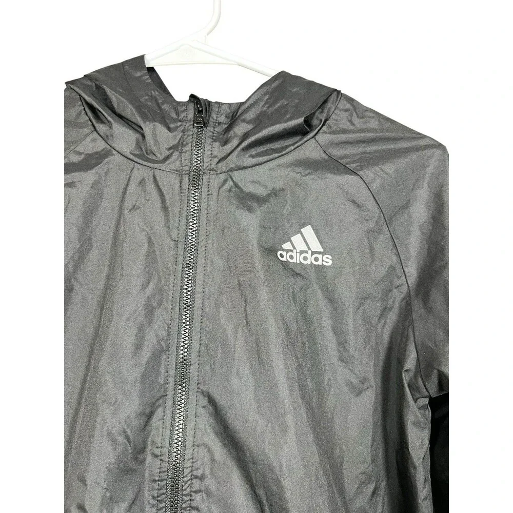 Adidas‎ Kids Boys Girls Windbreaker Jacket 10/12 Black Hooded Zip Up Logo Flaw